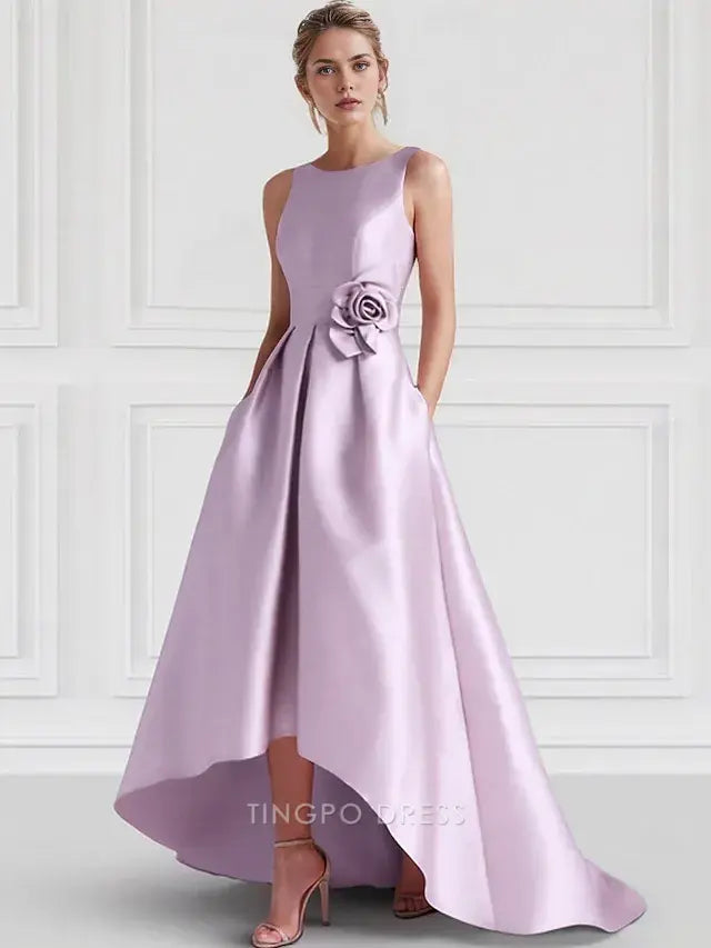 Elegant Round Neck Flower Detail High - Low Satin Maxi Dress with Open Back Prom Dress